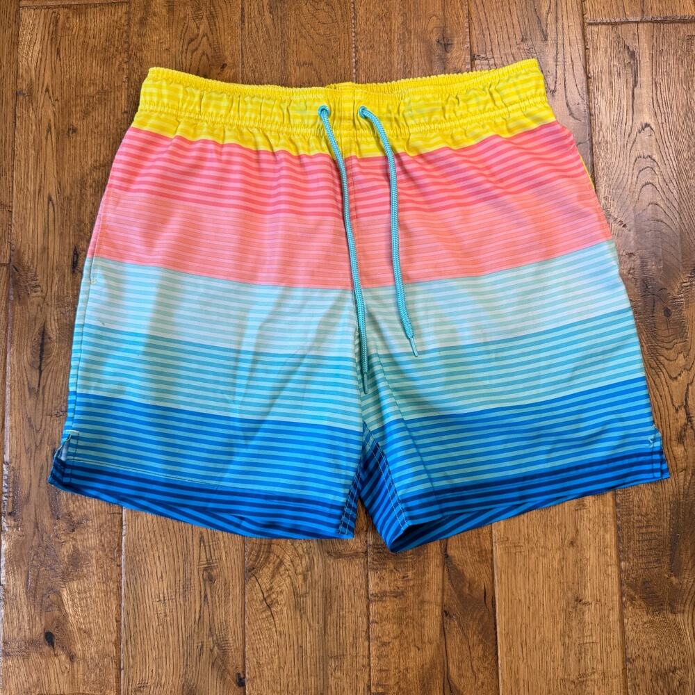 George Colorful Stripe Lined Swim Trunks 6" Mens Sz M 32/34 Blue Yellow Coral